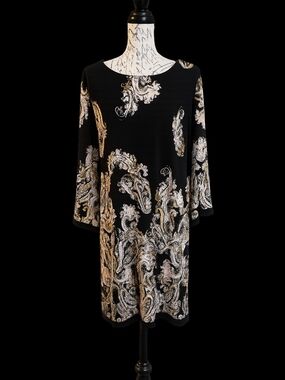 Black Long-Sleeve Scroll Print Shift Dress Studio One New York Xl
